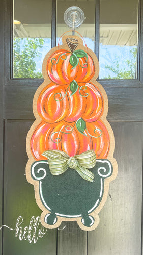 Door Hanger Pumpkin Topiary - Medium Orange with Dark Green Pot