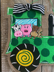 Green Tractor Burlap Door Hanger with Animals