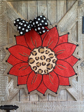 Load image into Gallery viewer, Burlap Sunflower Door Hanger - Red with Leopard Fall Round Sunflower