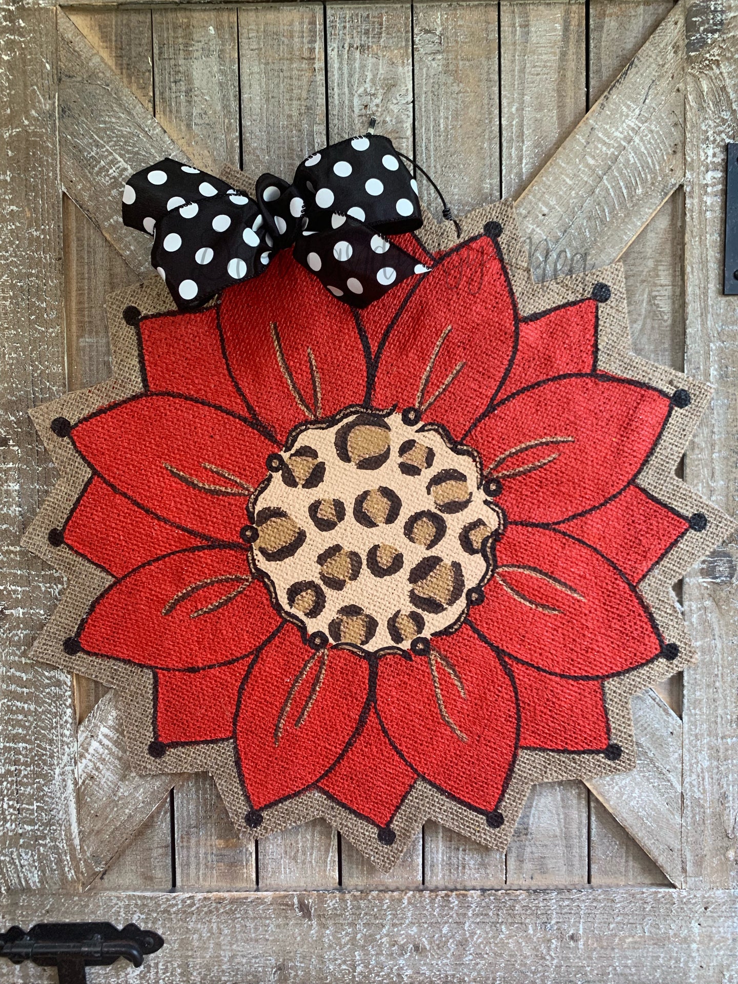 Burlap Sunflower Door Hanger - Red with Leopard Fall Round Sunflower