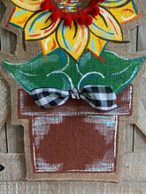 Load image into Gallery viewer, Burlap Sunflower Door Hanger - Small Yellow Fall in Flowerpot