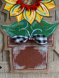 Burlap Sunflower Door Hanger - Small Yellow Fall in Flowerpot