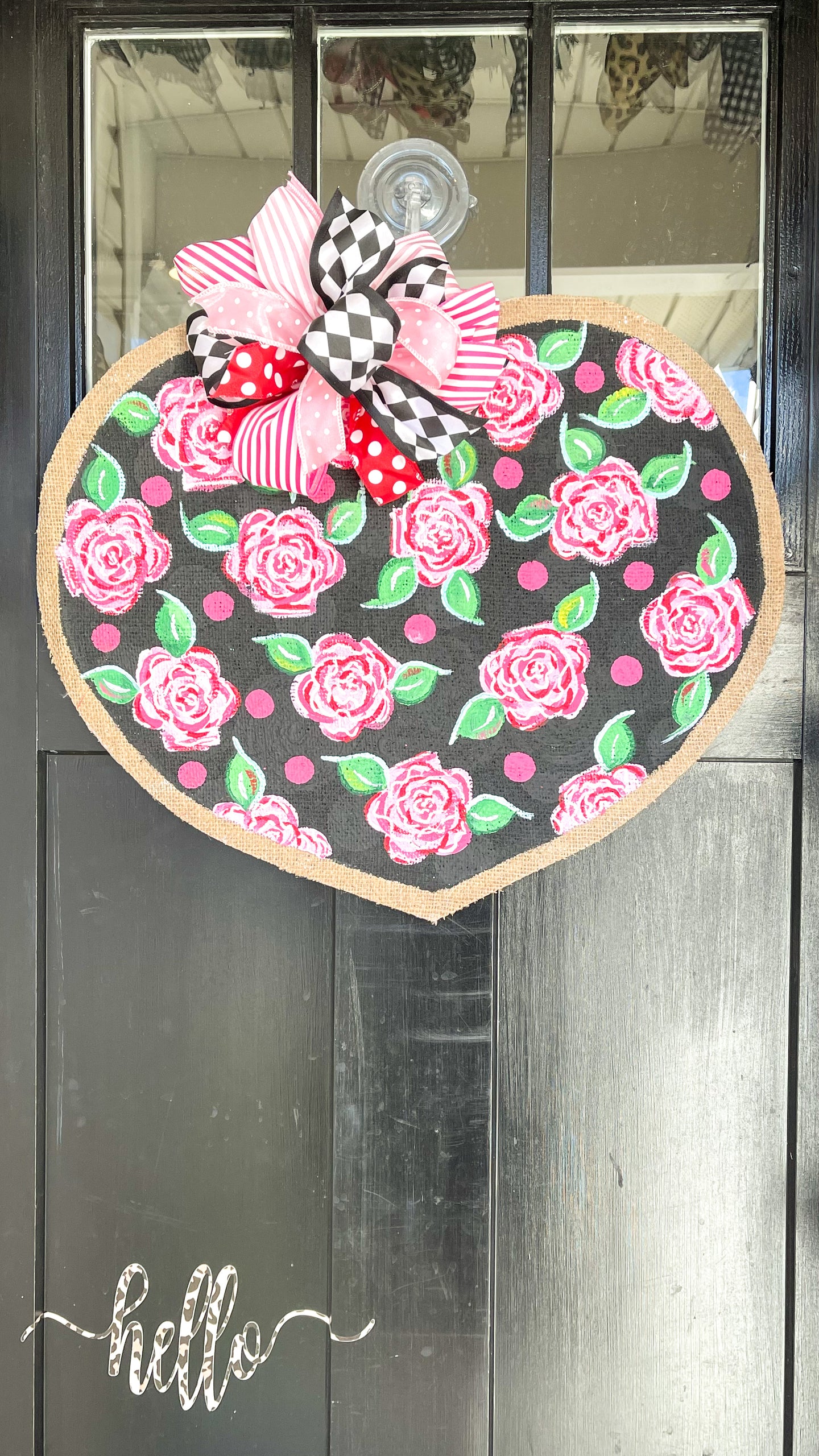 Floral & Dot Heart Door Hanger in black/pink