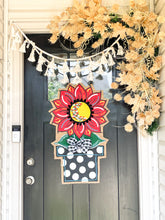 Load image into Gallery viewer, Burlap Sunflower Door Hanger - Large Red Fall in Flowerpot