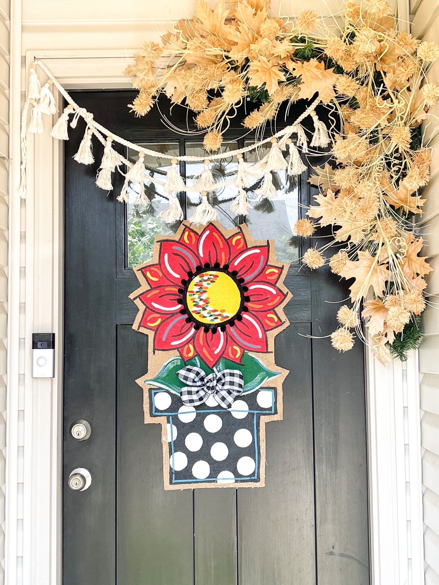 Burlap Sunflower Door Hanger - Large Red Fall in Flowerpot