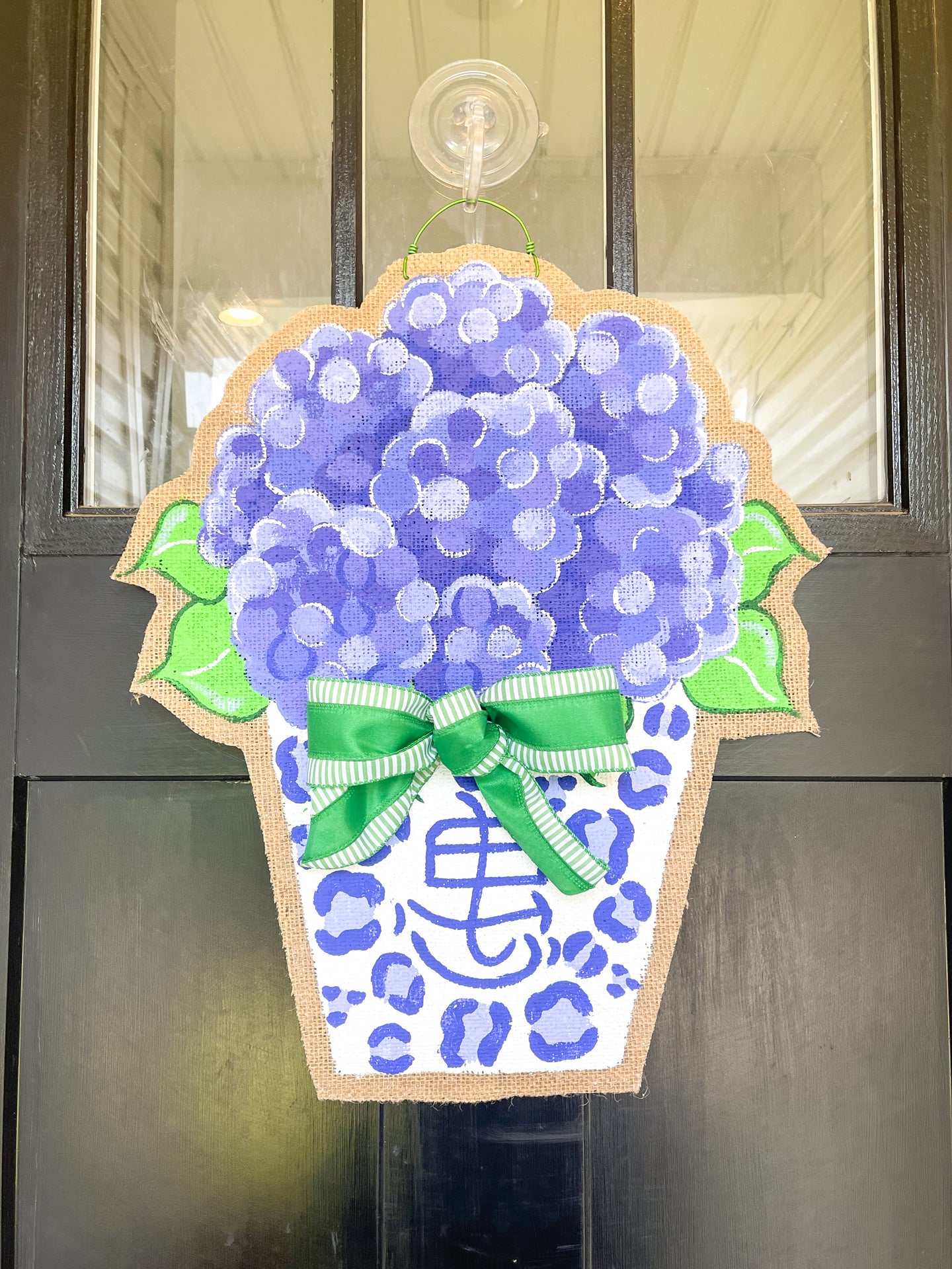 Blue Hydrangea Chinoiserie Burlap Door Hanger