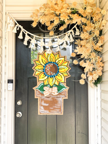 Burlap Sunflower Door Hanger - Large Yellow Fall in Flowerpot