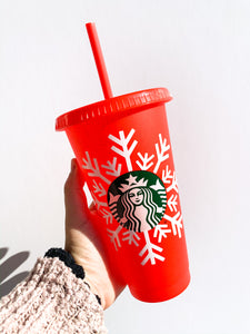 Holiday Glitter Snowflake Reusable Cup - red with white snowflake