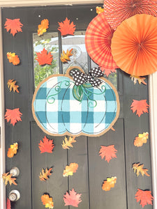 Burlap Pumpkin Door Hanger -  Buffalo Check Pumpkin in Teal