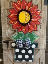 Load image into Gallery viewer, Burlap Sunflower Door Hanger - Large Red Fall in Flowerpot