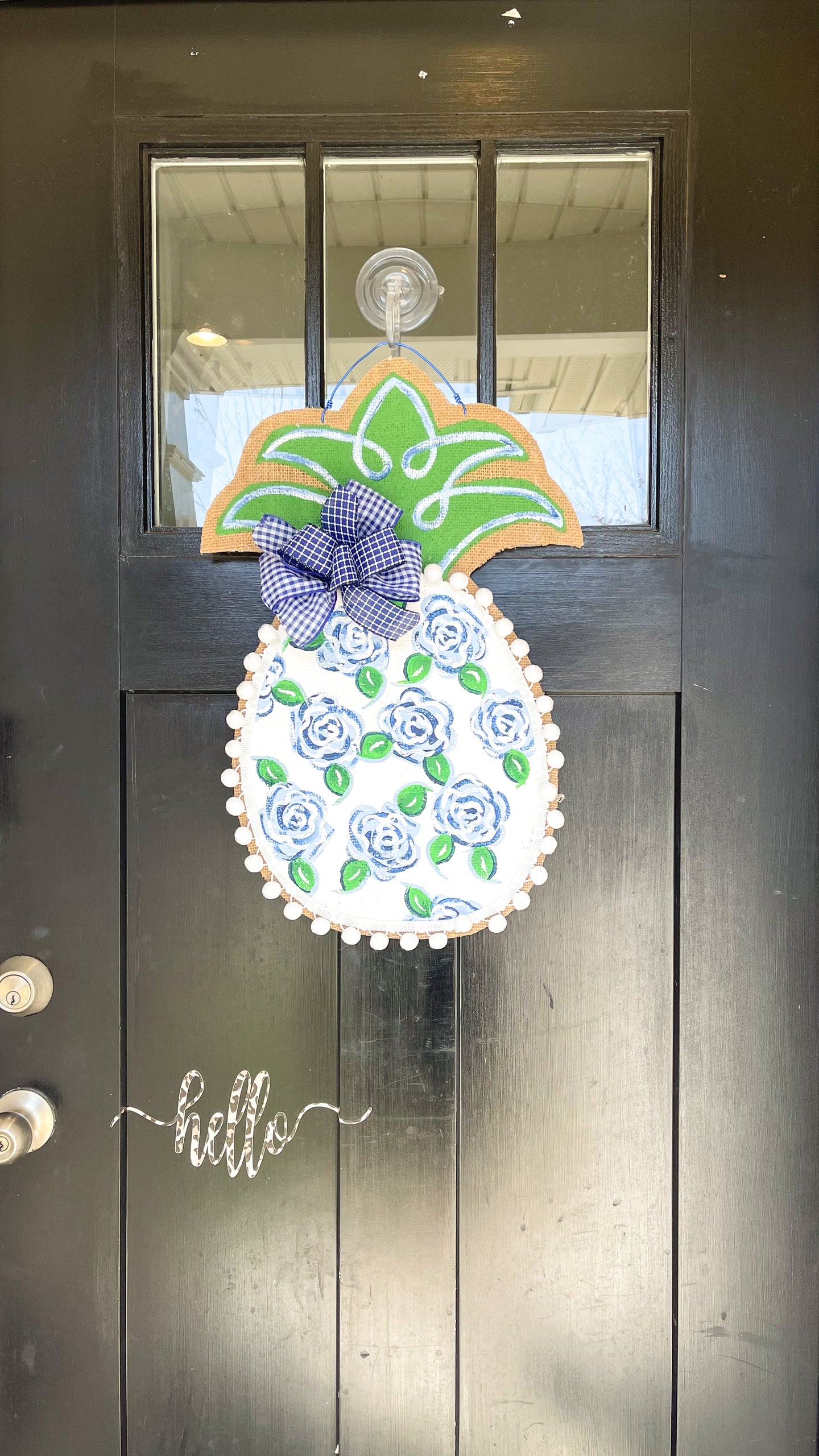Pineapple Door Hanger - Small Watercolor Roses in Blue Chinoiserie