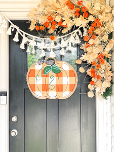 Burlap Pumpkin Door Hanger -  Buffalo Check Pumpkin in Orange