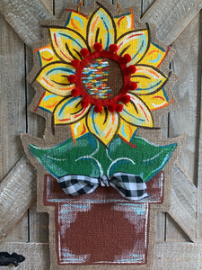 Burlap Sunflower Door Hanger - Small Yellow Fall in Flowerpot