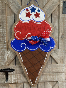red, white and blue fourth of july ice cream cone door hanger