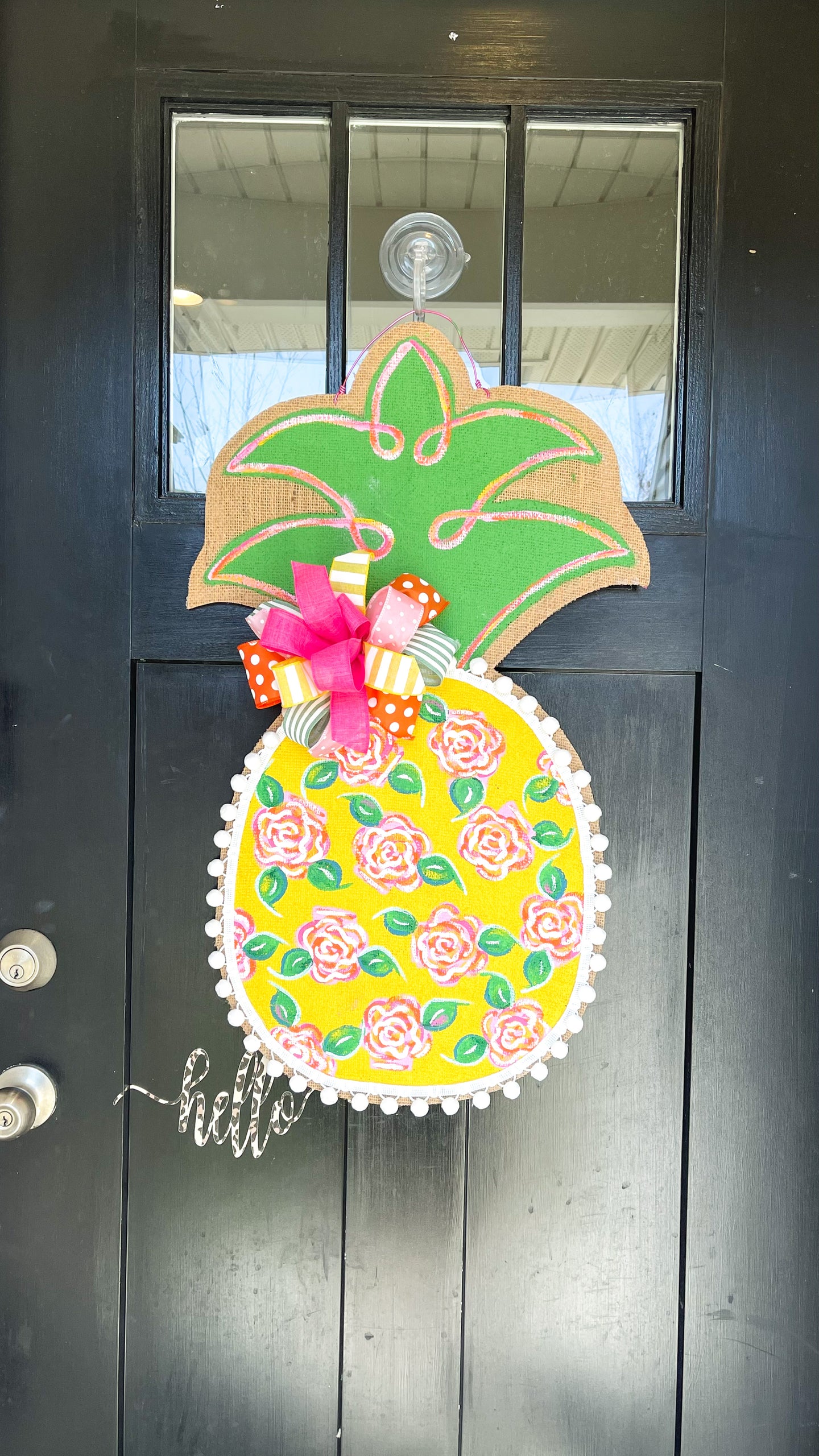 Pineapple Door Hanger - Large Watercolor Roses in Yellow