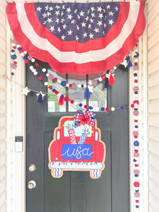 Fourth of July Flag Truck with Fireworks Door Hanger