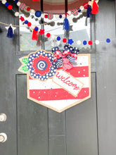 Load image into Gallery viewer, Fourth of July Burlap Door Hanger - Floral Welcome Banner