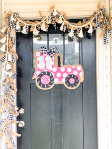 Pink Tractor Burlap Door Hanger - Farm Door Hanger