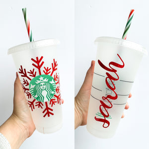 Holiday Resuable Cold Cup with red snowflake and candy cane straw
