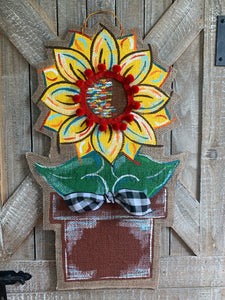 Burlap Sunflower Door Hanger - Small Yellow Fall in Flowerpot