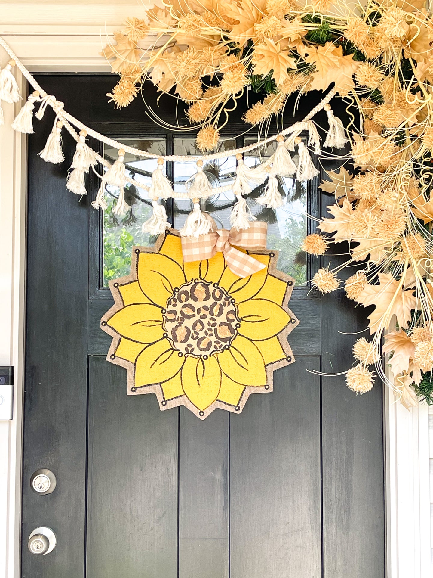 Sunflower Door Hanger - Yellow with Leopard Fall Round Sunflower