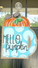 Load image into Gallery viewer, Burlap Pumpkin Door Hanger - Turquoise Pumpkin Spice Latte