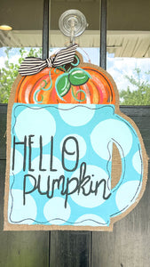 Burlap Pumpkin Door Hanger - Turquoise Pumpkin Spice Latte