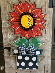 Burlap Sunflower Door Hanger - Large Red Fall in Flowerpot